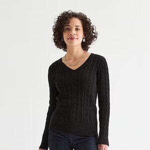 NWT St. John's Bay Womens V Neck Long Sleeve Cable Knit Pullover Sweater, Large